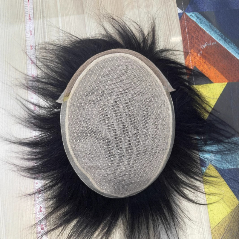 Perucă pentru bărbați – țesătură complet manuală, păr natural, drept, model: fir german, împletire completă cu plasă frontală