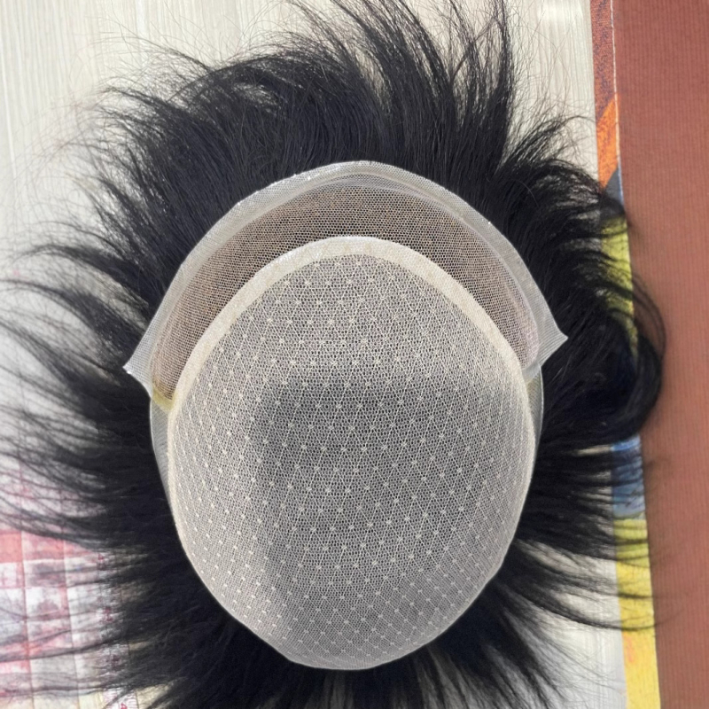 Perucă pentru bărbați – țesătură complet manuală, păr natural, drept, model: fir german, împletire completă cu plasă frontală