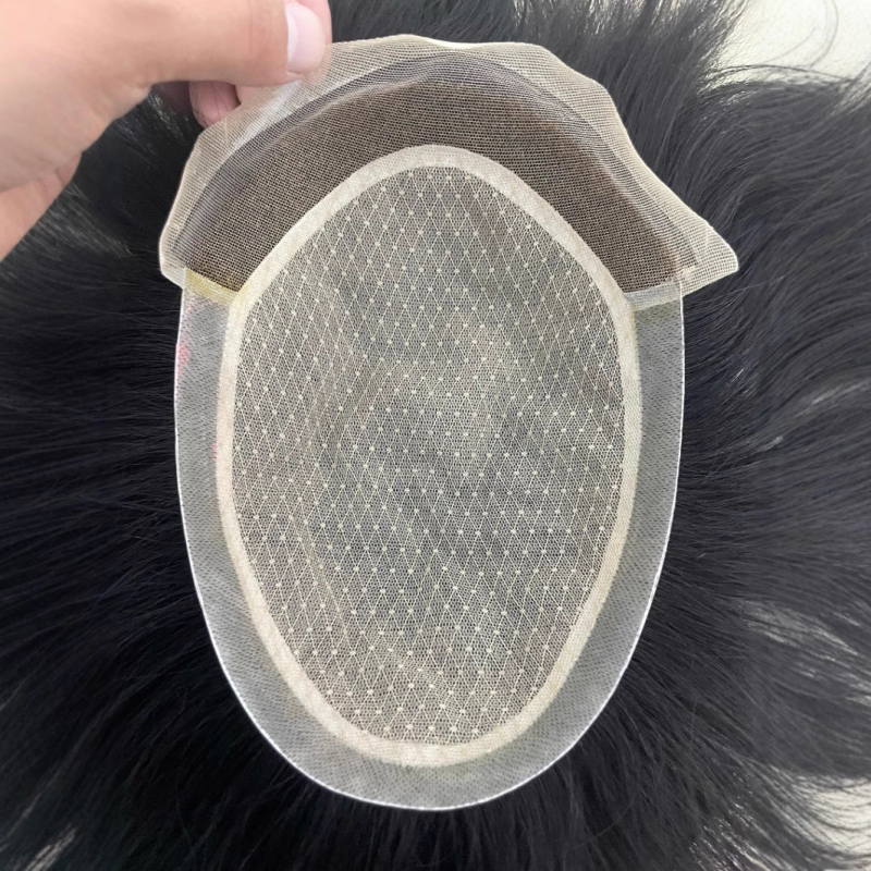 Perucă pentru bărbați – țesătură complet manuală, păr natural, drept, model: fir german, împletire completă cu plasă frontală