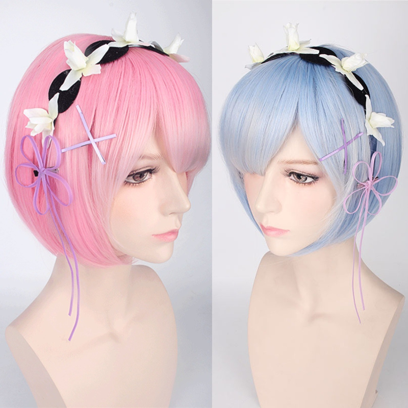 Perucă cosplay Rem și Ram Gemini, surorile majordom, păr drept, fibre rezistente la temperatură, vopsire posibilă