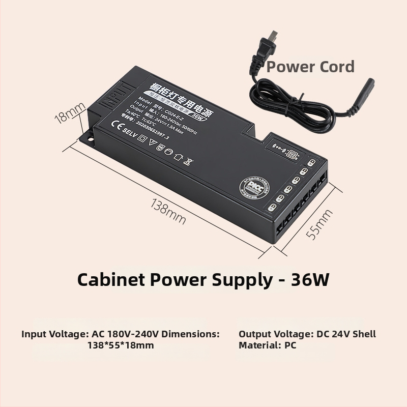 LED szekrény világítás kapcsoló táp, 12V/24V, DuPont csatlakozó, IP20, CE, 99% hatékonyság