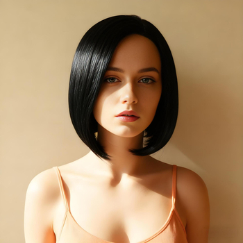 Ženska perika, kratka ravna kosa s pahuljastim volumenom i bočno nagnutim šiškama, strojno izrađena puna perika, model K121, pogodna za bojanje i trajno