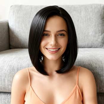 Ženska perika, kratka ravna kosa s pahuljastim volumenom i bočno nagnutim šiškama, strojno izrađena puna perika, model K121, pogodna za bojanje i trajno