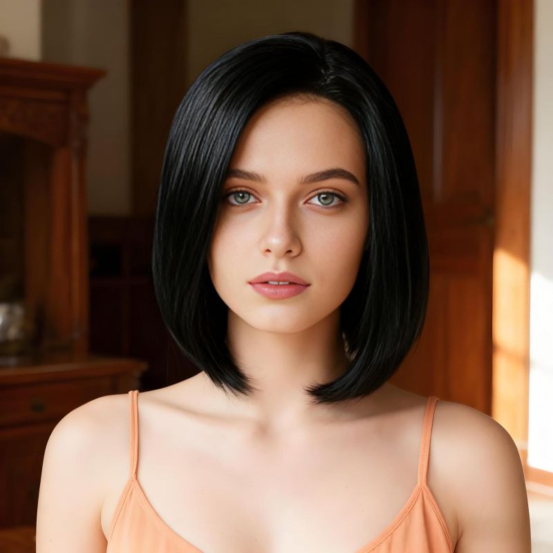 Ženska perika, kratka ravna kosa s pahuljastim volumenom i bočno nagnutim šiškama, strojno izrađena puna perika, model K121, pogodna za bojanje i trajno