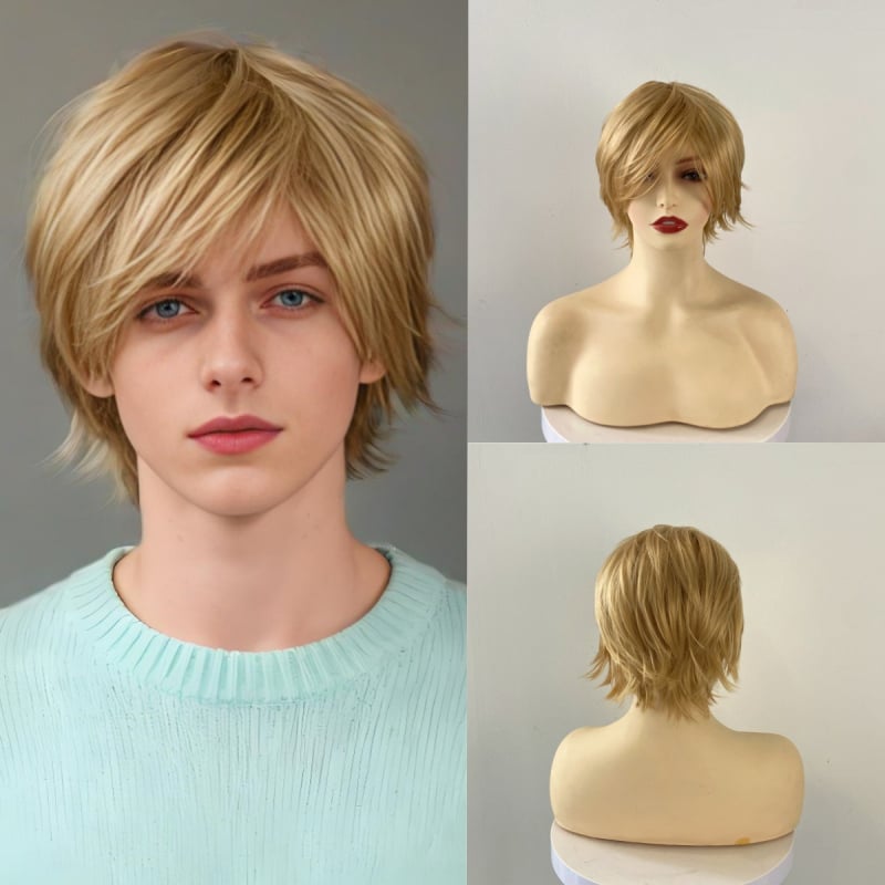 Férfi rövid, bolyhos műszálas paróka, hőálló rostból, modell K-75, mechanikus kivitelezés; festhető és permelhető