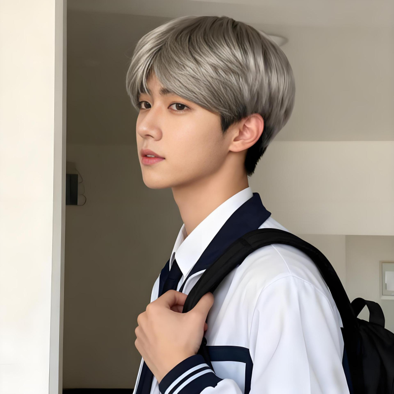 Férfi paróka, koreai stílus, középső rész, rövid egyenes haj, hőálló szintetikus haj, mechanikus feldolgozási technológia