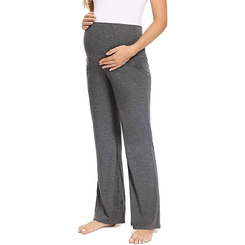 Pantaloni de maternitate cu talie înaltă, croială dreaptă, susținere pentru burtă, material din bumbac cu micro-elasticitate (50–70% bumbac)