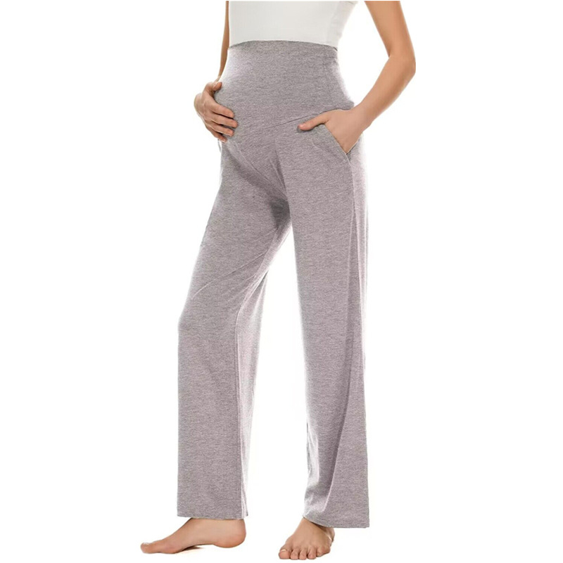 Pantaloni de maternitate cu talie înaltă, croială dreaptă, susținere pentru burtă, material din bumbac cu micro-elasticitate (50–70% bumbac)