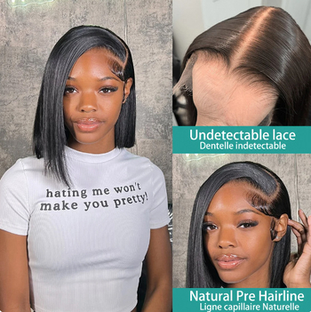 Perika s prednjom čipkom od ljudske kose, bob stil, prirodan izgled, može se bojiti i trajno kovrčati