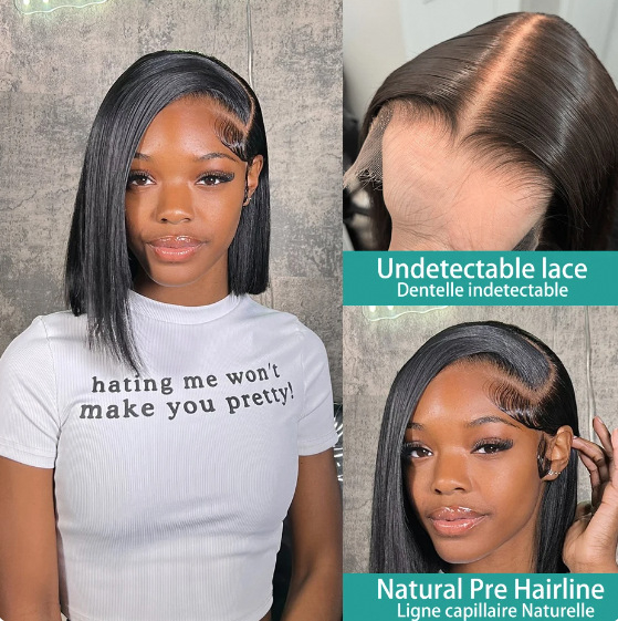 Perika s prednjom čipkom od ljudske kose, bob stil, prirodan izgled, može se bojiti i trajno kovrčati