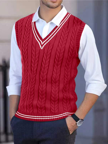 Ανδρικό πλεκτό γιλέκο χωρίς μανίκια με V-λαιμό, Slim fit, ριβέ τελείωμα, κολλεγιακό στυλ