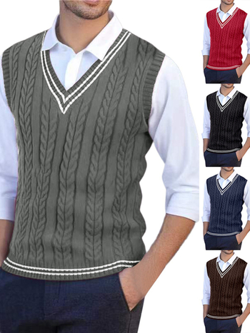 Ανδρικό πλεκτό γιλέκο χωρίς μανίκια με V-λαιμό, Slim fit, ριβέ τελείωμα, κολλεγιακό στυλ