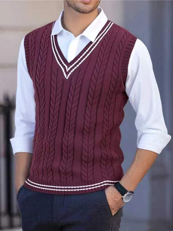 Ανδρικό πλεκτό γιλέκο χωρίς μανίκια με V-λαιμό, Slim fit, ριβέ τελείωμα, κολλεγιακό στυλ