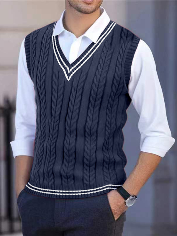 Ανδρικό πλεκτό γιλέκο χωρίς μανίκια με V-λαιμό, Slim fit, ριβέ τελείωμα, κολλεγιακό στυλ