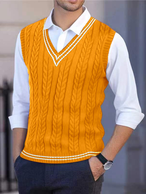 Ανδρικό πλεκτό γιλέκο χωρίς μανίκια με V-λαιμό, Slim fit, ριβέ τελείωμα, κολλεγιακό στυλ