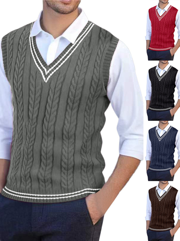 Ανδρικό πλεκτό γιλέκο χωρίς μανίκια με V-λαιμό, Slim fit, ριβέ τελείωμα, κολλεγιακό στυλ