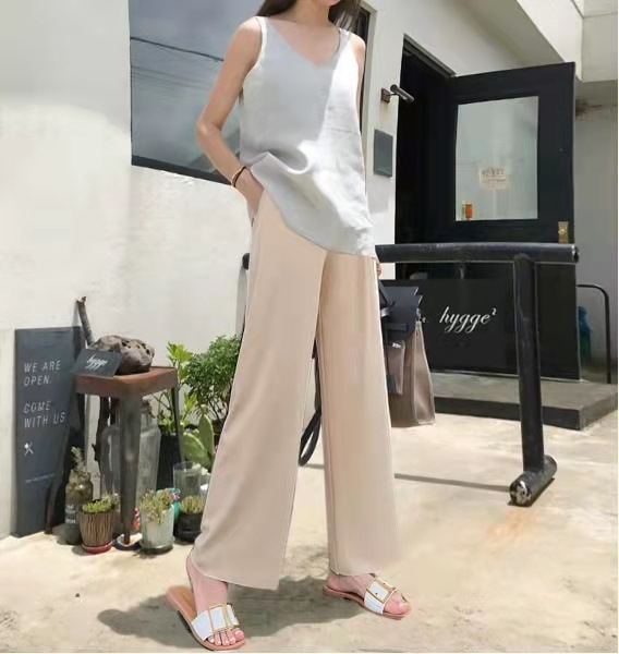 Trudničke hlače s širokim nogama, cropped dužine, Ice Silk tkanina, 95% poliester + 90–95% viskoz, prozračne