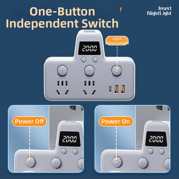 Πολυπρίζο με θύρες USB, νυχτερινό φως, ανεξάρτητος διακόπτης με οθόνη χρόνου, 10A, 220–250V