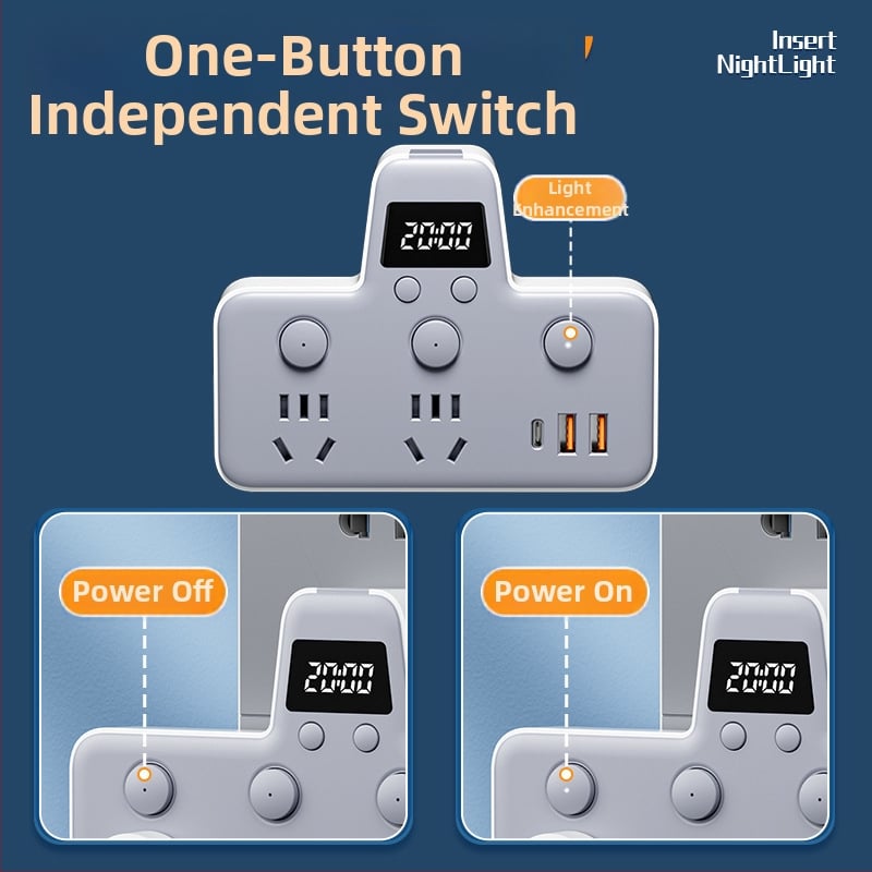 Πολυπρίζο με θύρες USB, νυχτερινό φως, ανεξάρτητος διακόπτης με οθόνη χρόνου, 10A, 220–250V