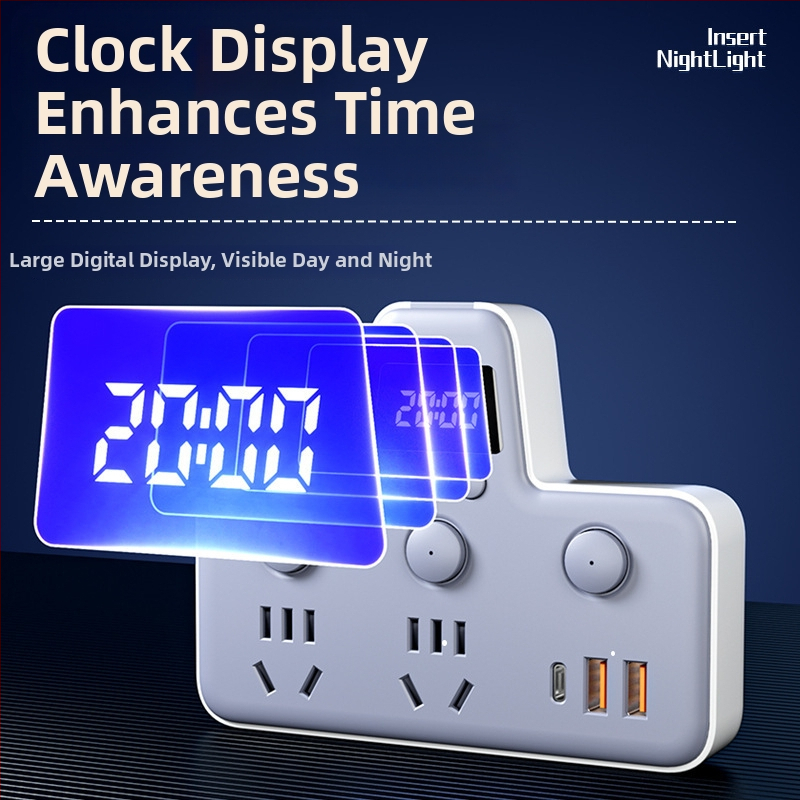 Rozbočovač s USB portami, nočné svetlo, nezávislý vypínač s displejom času, 10A, 220–250V