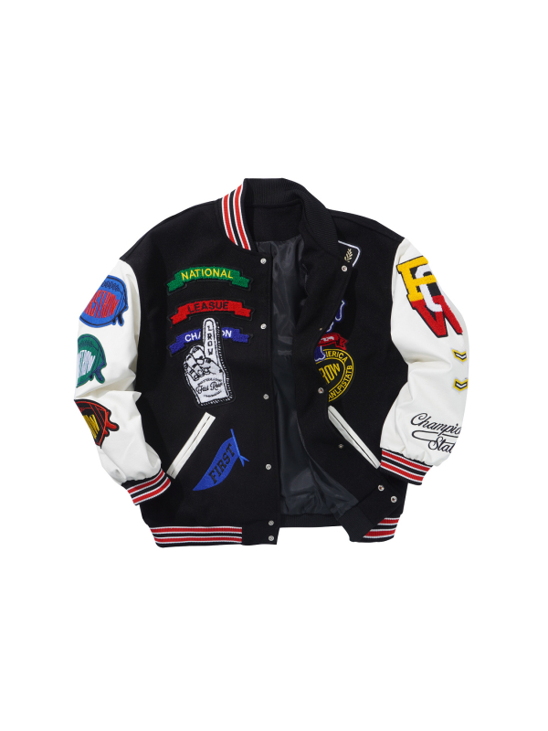 Hímzett gyapjú baseball kabát, álló gallérral, bő szabású, amerikai retro stílus, mindennapi viselet, tavasz–ősz