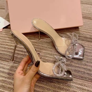 Prozirne ljetne sandale s visokim petom, četvrtasti vrh, TPU gornji dio, gumena podstava, mašna s kristalima, otvoreni prst