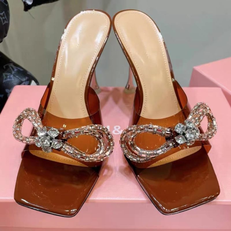 Prozirne ljetne sandale s visokim petom, četvrtasti vrh, TPU gornji dio, gumena podstava, mašna s kristalima, otvoreni prst