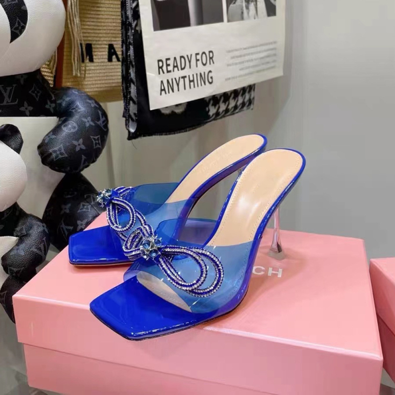 Prozirne ljetne sandale s visokim petom, četvrtasti vrh, TPU gornji dio, gumena podstava, mašna s kristalima, otvoreni prst