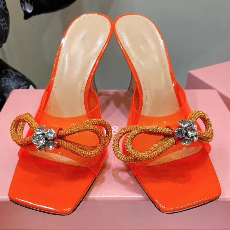 Prozirne ljetne sandale s visokim petom, četvrtasti vrh, TPU gornji dio, gumena podstava, mašna s kristalima, otvoreni prst