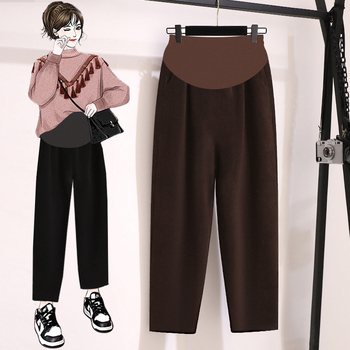 Trudničke cropped hlače s debelim fleece podstavom od pamuka i poliestera (50-70% pamuk-poliester; 30-50% poliester vlakna), podrška trbuhu, proljeće 2024
