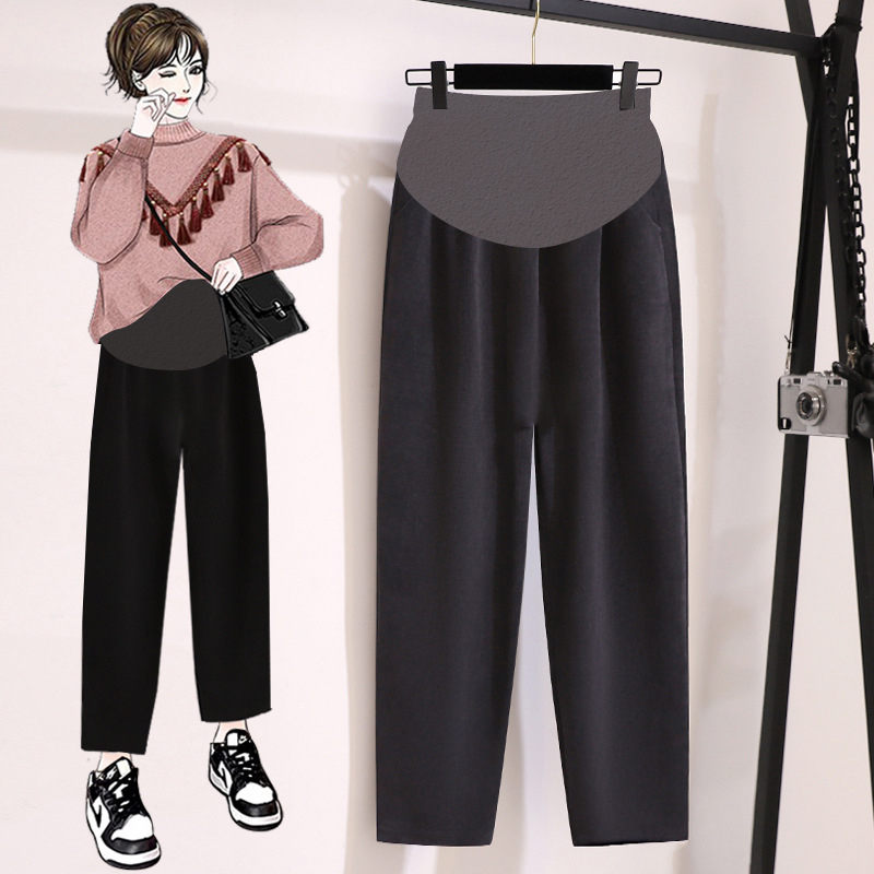 Trudničke cropped hlače s debelim fleece podstavom od pamuka i poliestera (50-70% pamuk-poliester; 30-50% poliester vlakna), podrška trbuhu, proljeće 2024