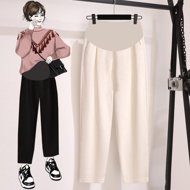 Trudničke cropped hlače s debelim fleece podstavom od pamuka i poliestera (50-70% pamuk-poliester; 30-50% poliester vlakna), podrška trbuhu, proljeće 2024