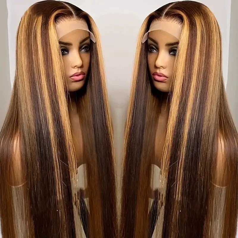 Перука за жени, дантелено предно, влакно с висока температура, дълга права коса, средна част