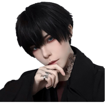 Anime COS wig za muškarce, kratka ravna kosa s nagnutim šiškama, visokotemperaturna vlakna, realističan izgled, model 2180