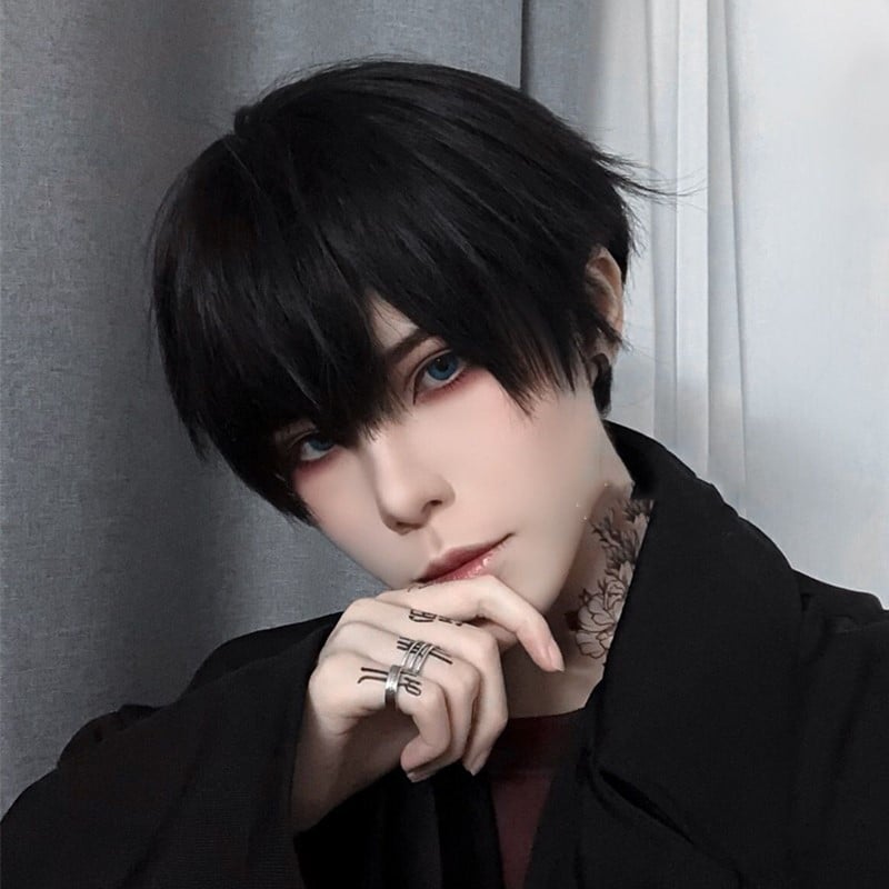 Anime COS wig za muškarce, kratka ravna kosa s nagnutim šiškama, visokotemperaturna vlakna, realističan izgled, model 2180