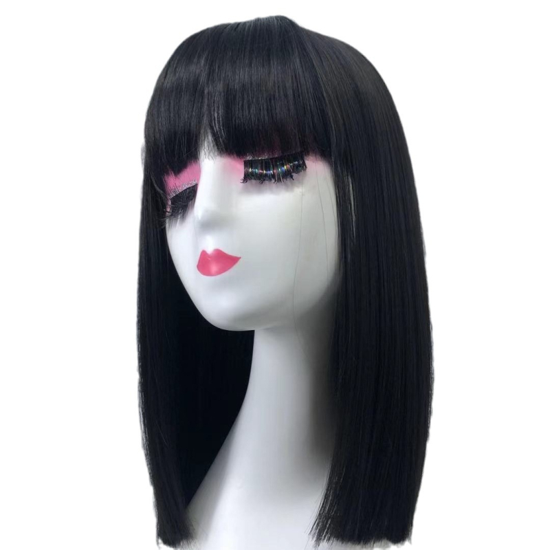 Perucă pentru femei – stil natural, păr lung drept cu breton Qi, lungime medie, model MF-239, material: fibre rezistente la temperatură înaltă