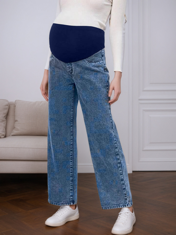 Anyasági denim cropped nadrág hasi támasztással, magas derék, rugalmas