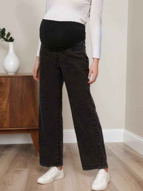 Anyasági denim cropped nadrág hasi támasztással, magas derék, rugalmas