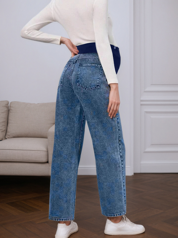 Anyasági denim cropped nadrág hasi támasztással, magas derék, rugalmas