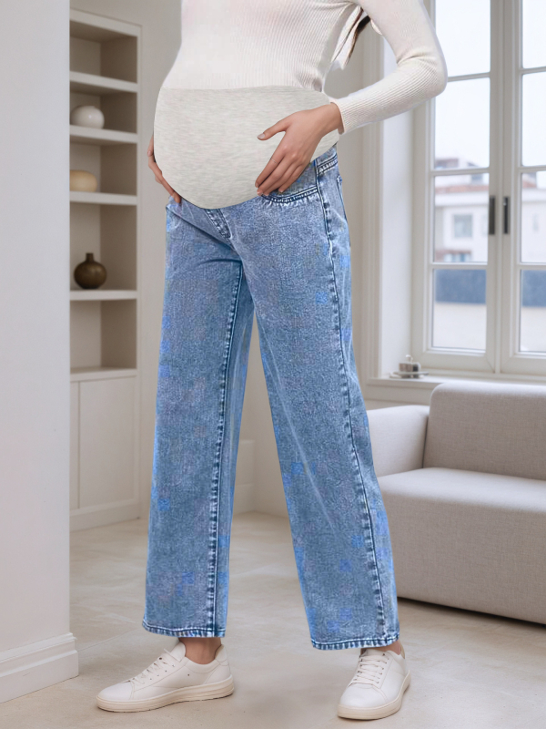 Anyasági denim cropped nadrág hasi támasztással, magas derék, rugalmas