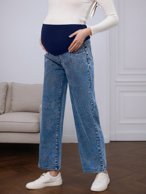 Anyasági denim cropped nadrág hasi támasztással, magas derék, rugalmas