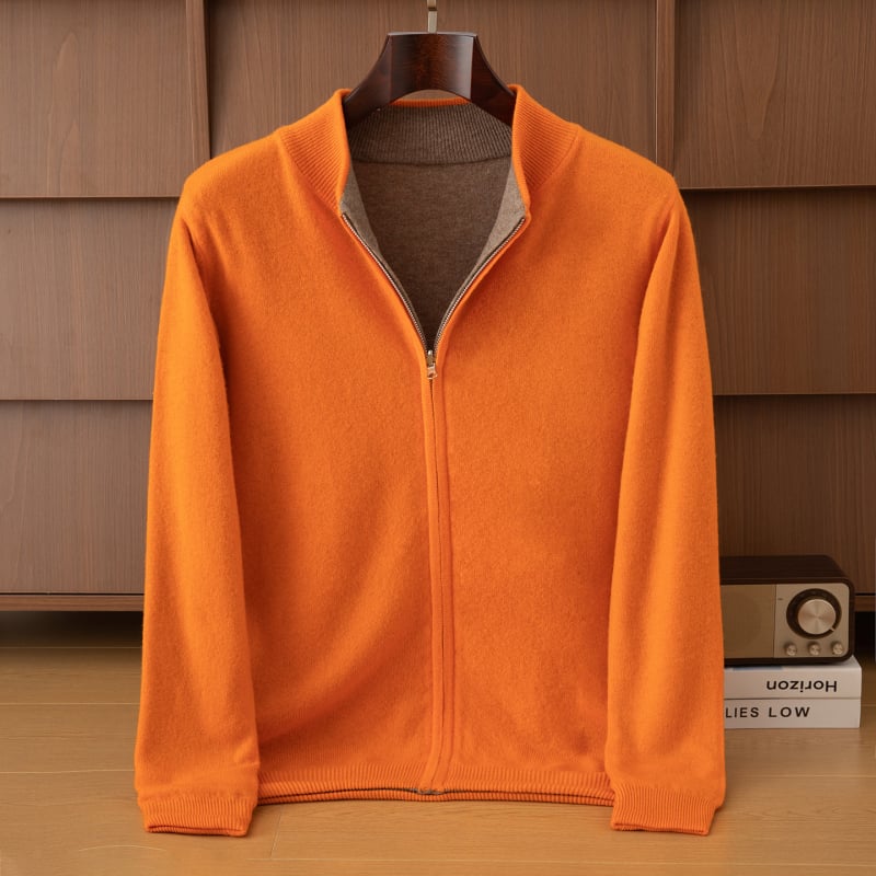 Ανδρικό κασμιρένιο καρντάγκαν με σταθερό γιακά-στάση, αναστρέψιμο διπλού στρώματος πλεκτό μπουφάν με φερμουάρ, χαλαρή εφαρμογή