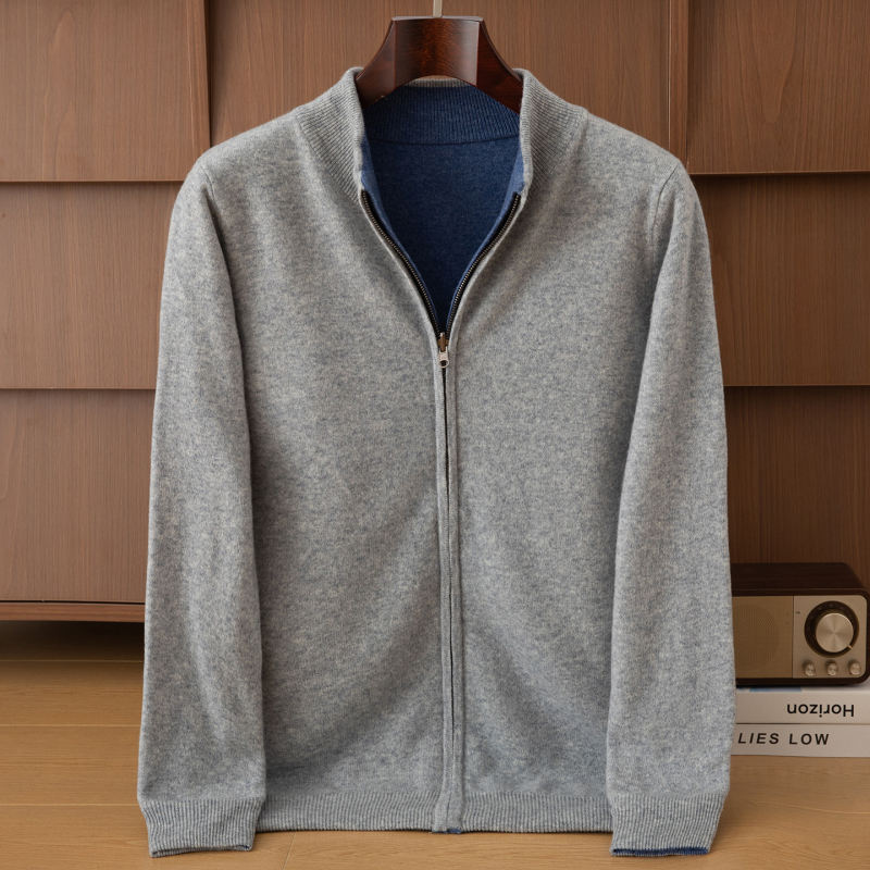 Ανδρικό κασμιρένιο καρντάγκαν με σταθερό γιακά-στάση, αναστρέψιμο διπλού στρώματος πλεκτό μπουφάν με φερμουάρ, χαλαρή εφαρμογή