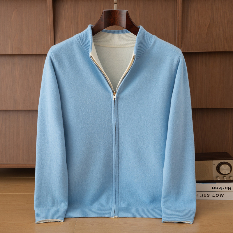 Ανδρικό κασμιρένιο καρντάγκαν με σταθερό γιακά-στάση, αναστρέψιμο διπλού στρώματος πλεκτό μπουφάν με φερμουάρ, χαλαρή εφαρμογή