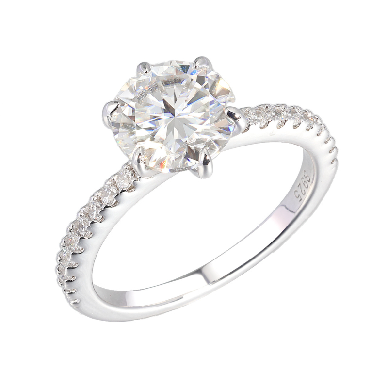 Пръстен с моисанит, 2 карата, шест опори, стерлингово сребро, микроинкрустирани лабораторно отгледани диаманти