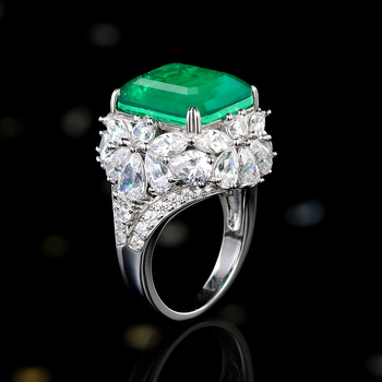 Prsten od srebra 925, geometrijski kvadratni dizajn, dijamantno postavljen, cabochon emerald, originalni dizajn