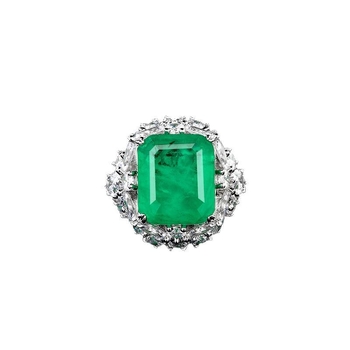 Prsten od srebra 925, geometrijski kvadratni dizajn, dijamantno postavljen, cabochon emerald, originalni dizajn