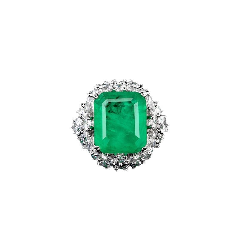 Prsten od srebra 925, geometrijski kvadratni dizajn, dijamantno postavljen, cabochon emerald, originalni dizajn