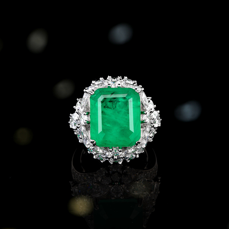 Prsten od srebra 925, geometrijski kvadratni dizajn, dijamantno postavljen, cabochon emerald, originalni dizajn