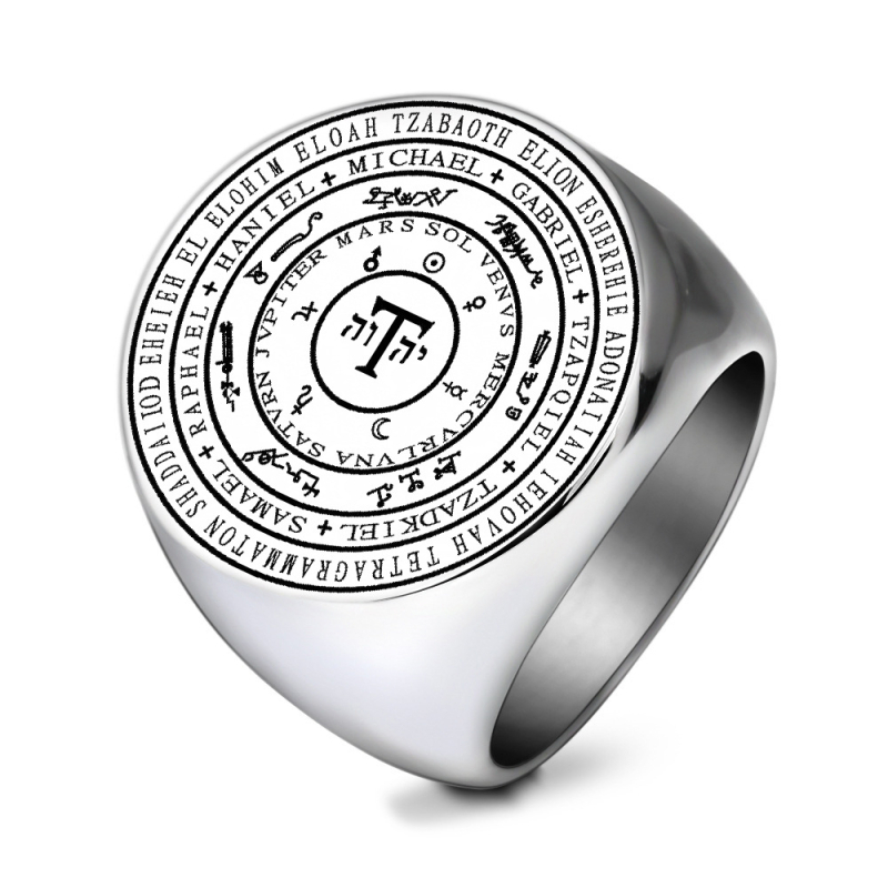 Prsten s Tetragrammatonom i amuletom: sedam planeta i sedam arhanđela, geometrijski oblik od nehrđajućeg čelika, lasersko graviranje, unisex